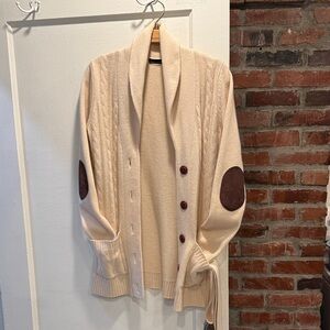 Moda Cream Cardigan with Brown suede Elbow Patches, 100% cashmere.